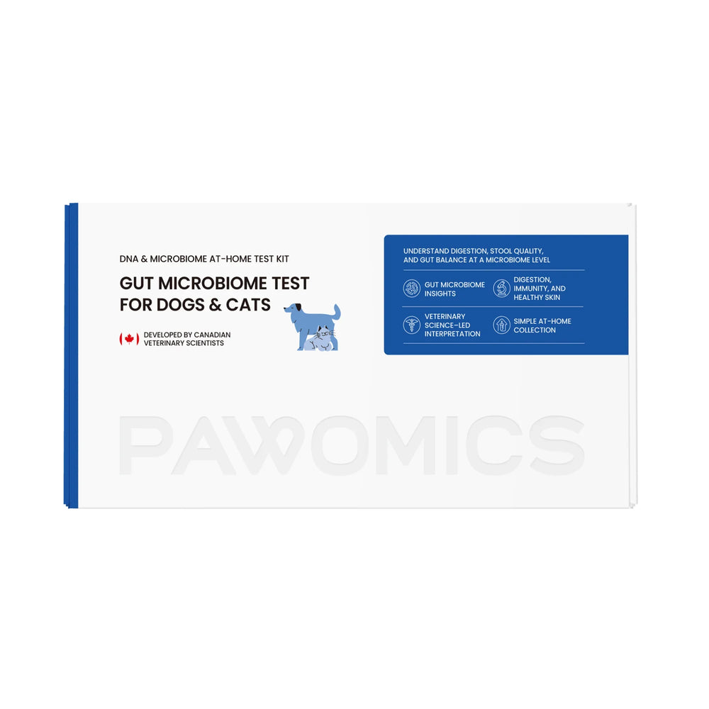 Pawomics gut microbiome test kit for dogs and cats on a white background