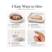 4 easy ways to give Pawomics probiotic capsules to dogs and cats: sprinkle, mix with food, water, or give whole