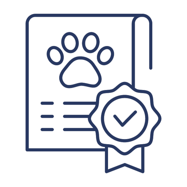 Outline of a document with a paw print and a check mark on a green background