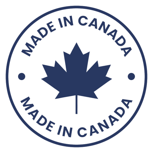 Circular 'Made in Canada' logo with a blue maple leaf on a green background