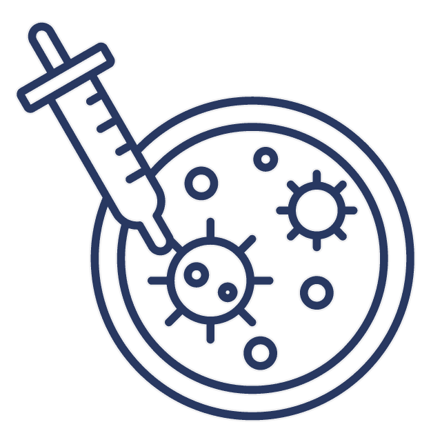 Outline of a syringe and viruses on a green background