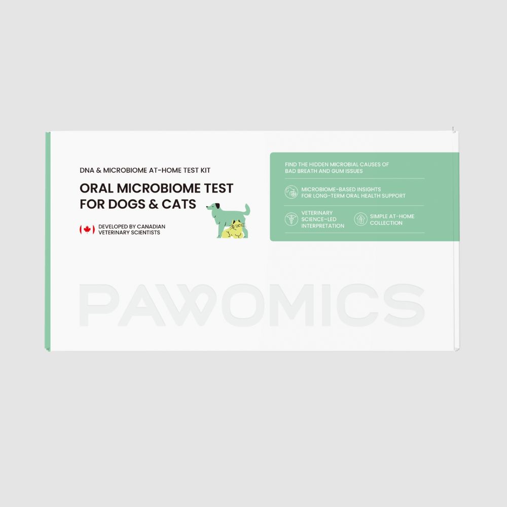Oral microbiome test kit for dogs and cats by Rawomics on a white background