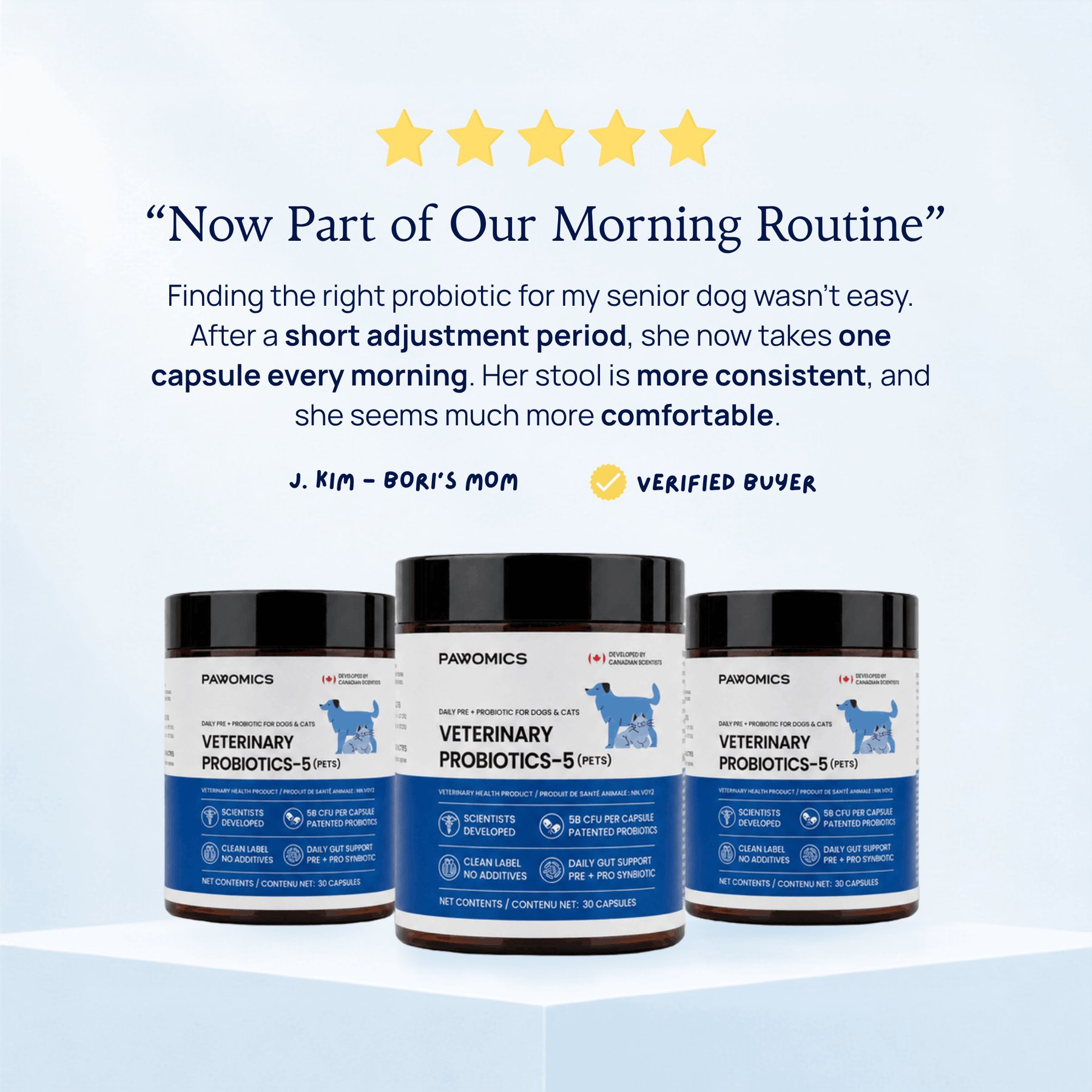5-star customer review and verified buyer testimonial for Pawomics senior dog probiotics