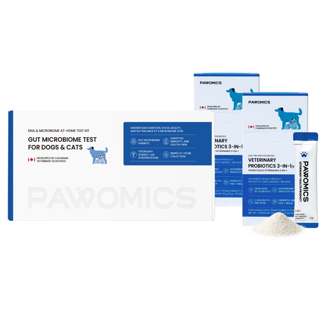 Pawomics Gut Microbiome Test kit with two boxes of Probiotics 3-in-1