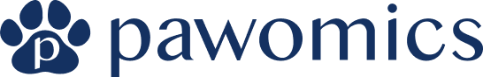 Logo of pawomics with a paw print symbol on a blue background