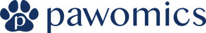 Logo of pawomics with a paw print symbol on a blue background