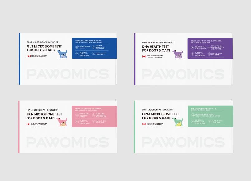 Set of Pawomics test packages for dogs and cats on a light gray background