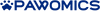 Pawomics logo with blue text and paw print icon