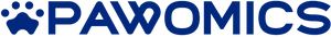 Pawomics logo with blue text and paw print icon