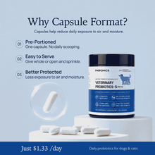Benefits of capsule format for pet probiotics: pre-portioned, easy to serve, and moisture protected