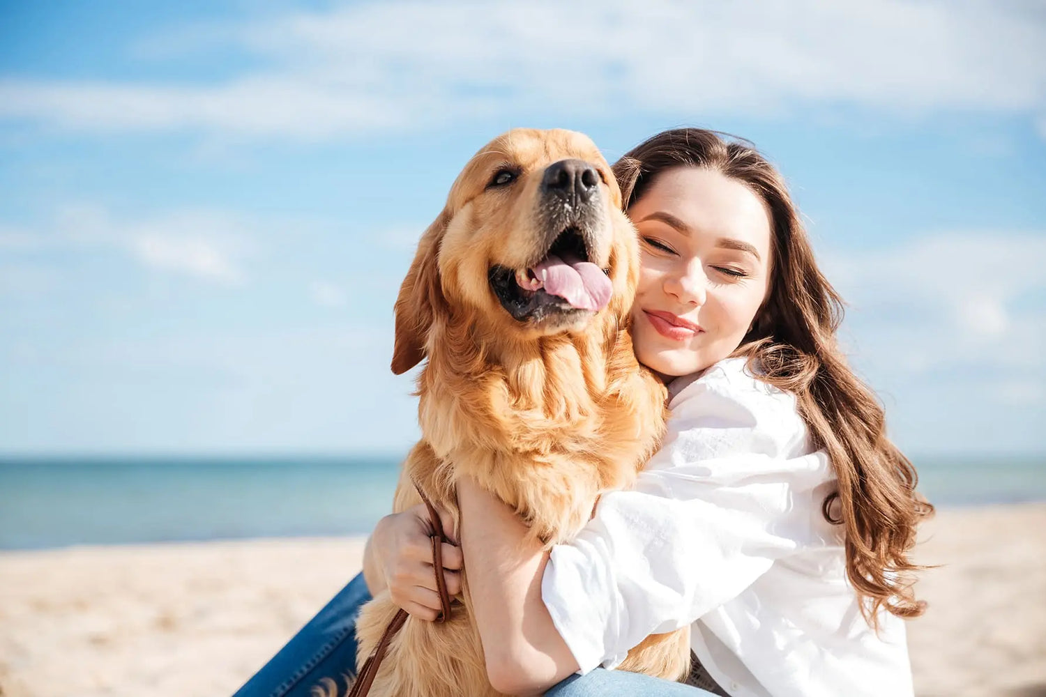 Woman hugging a golden retriever on a beach with a clear blue sky.
